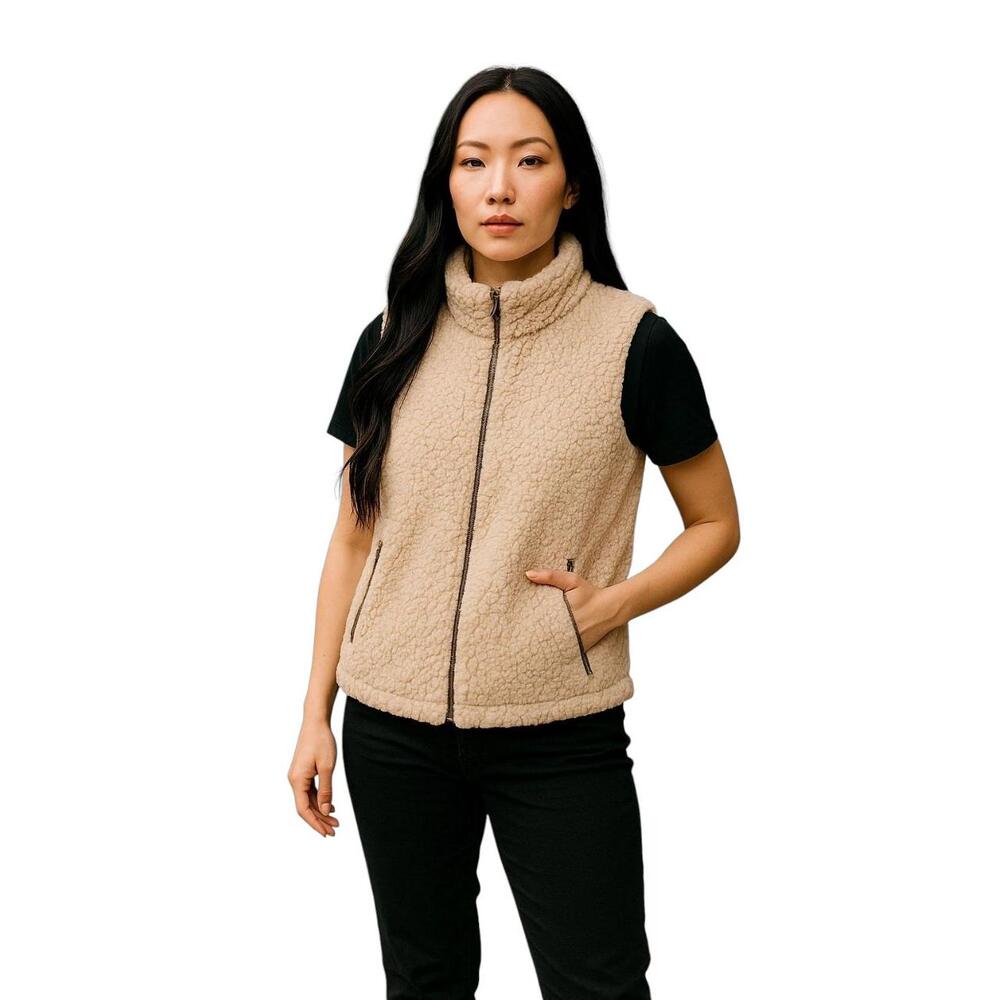 Love Tree Cream Beige Sherpa Fleece Full Zip Stand‎ Up Collar Cozy Vest Small